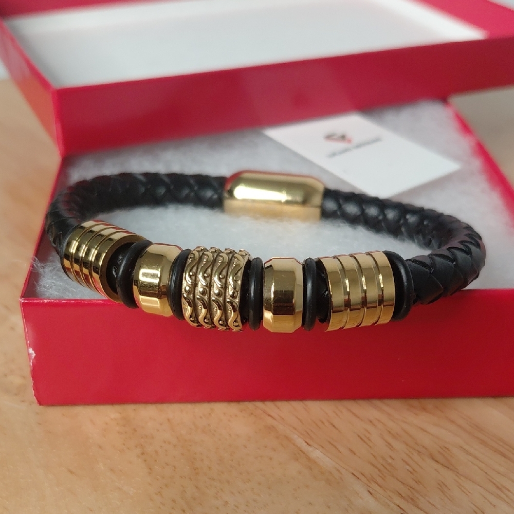 Leather & Stainless Steel Black and Gold Men's Braided Bracelet